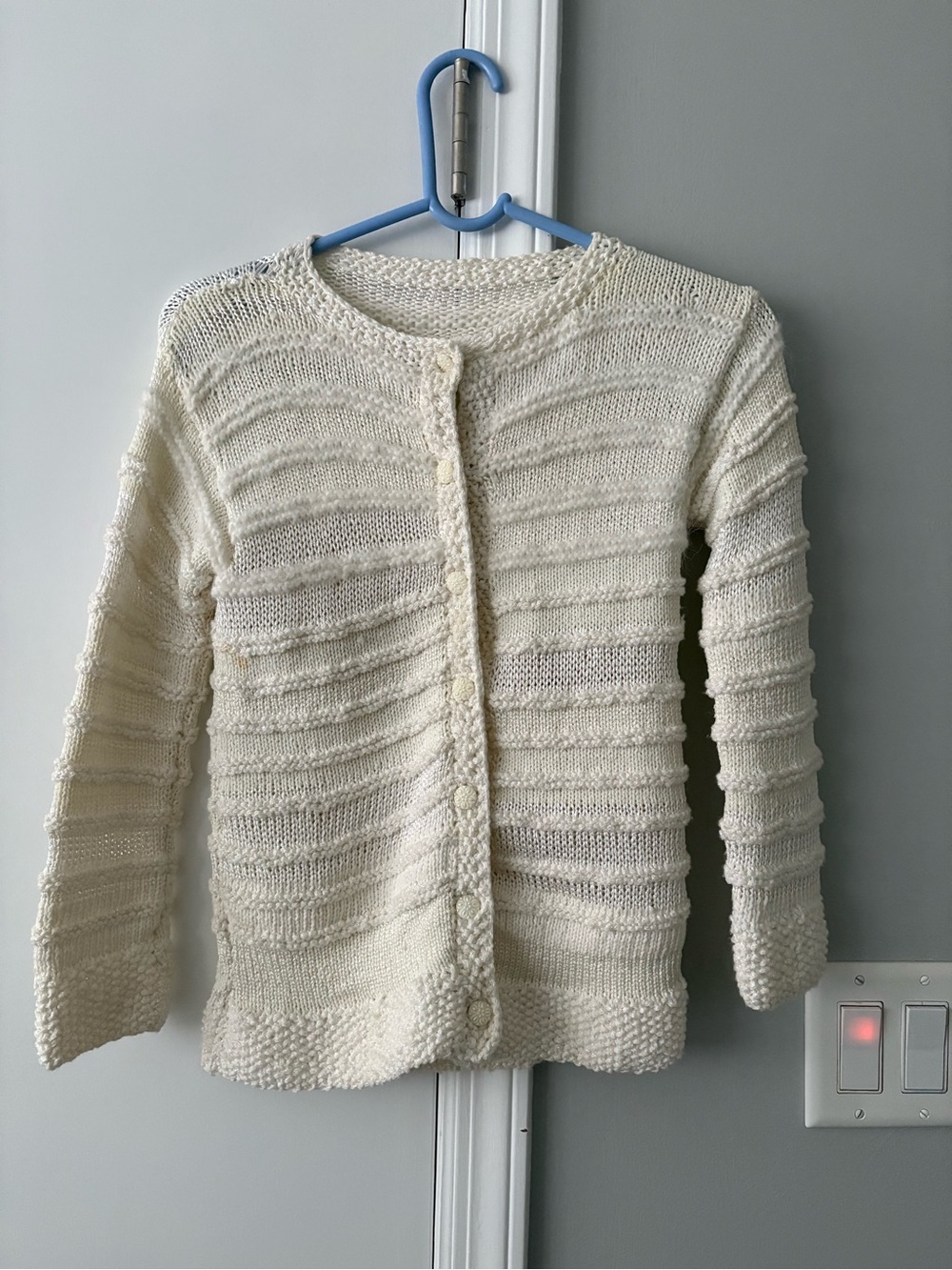 Hand Knit Handmade Girls Cardigan Sweater Cream Ivory Angora Trim 13” W X 22” L